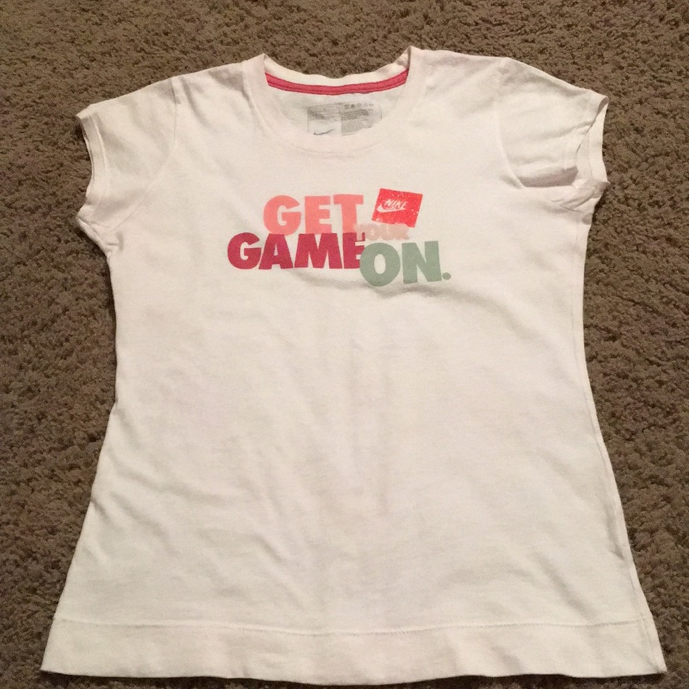 Nike girls white “Get Your Game On” shirt Sz 14